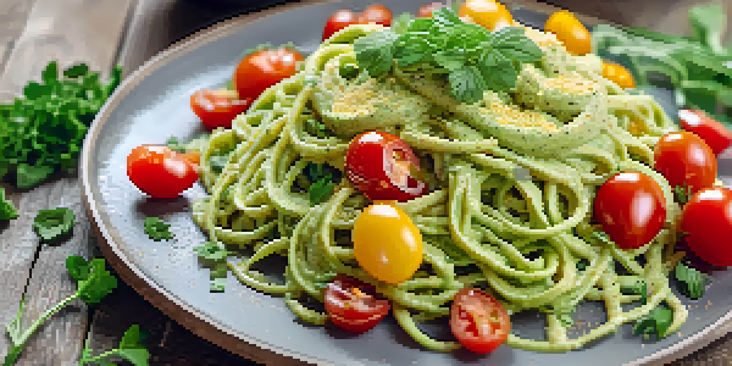 A plate of raw zucchini pasta with avocado sauce and nutritional yeast, garnished with herbs and cherry tomatoes on a wooden table.