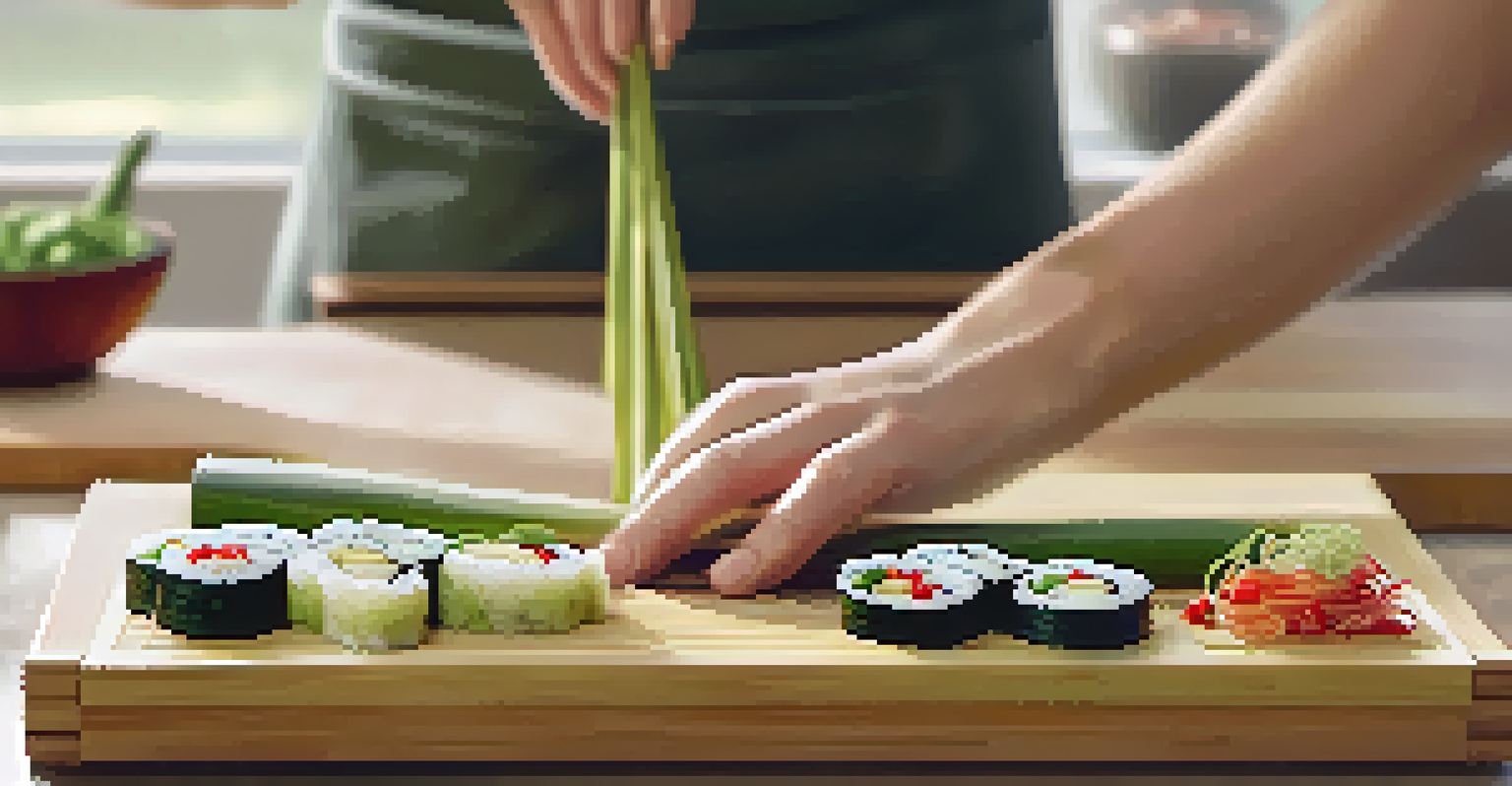 A close-up of a hand rolling raw food sushi with fresh ingredients like zucchini and pesto on a bamboo mat in a bright kitchen.