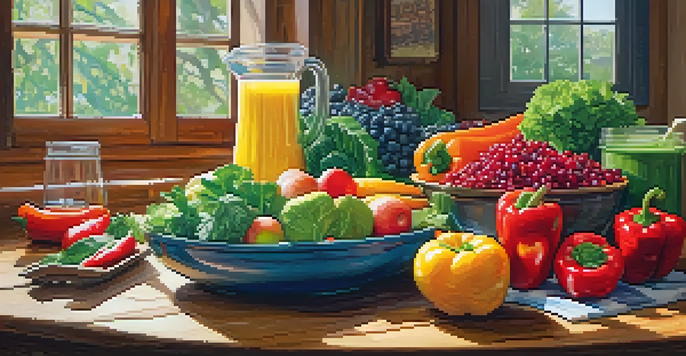 A wooden table with a variety of colorful raw foods, including greens, bell peppers, and berries, illuminated by natural sunlight.
