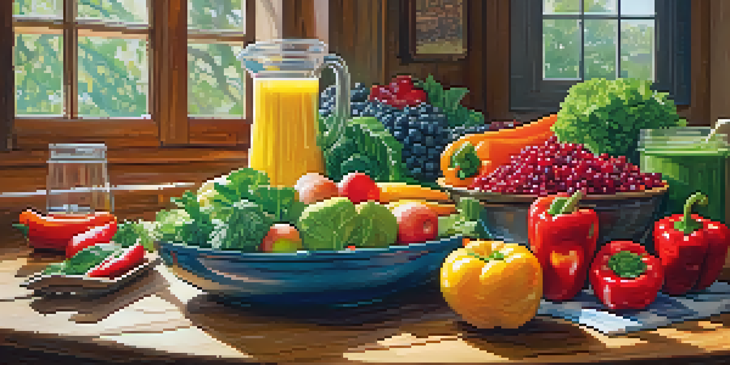 A wooden table with a variety of colorful raw foods, including greens, bell peppers, and berries, illuminated by natural sunlight.