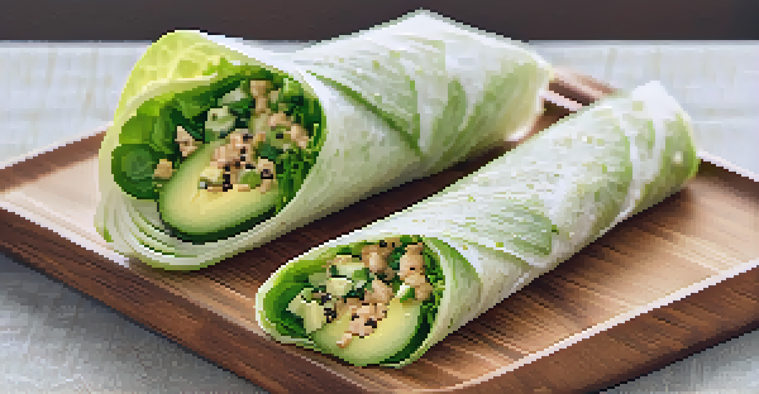 A spicy avocado and cucumber wrap made with lettuce, filled with avocado, lime, cilantro, and jalapeño, served on a white plate with dipping sauce.