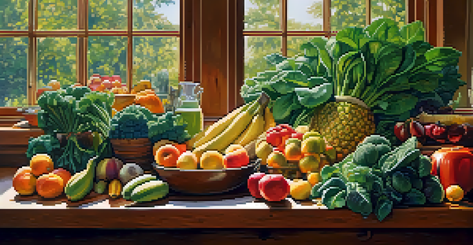 A bright kitchen with colorful raw fruits and vegetables on a wooden countertop, illuminated by morning light.