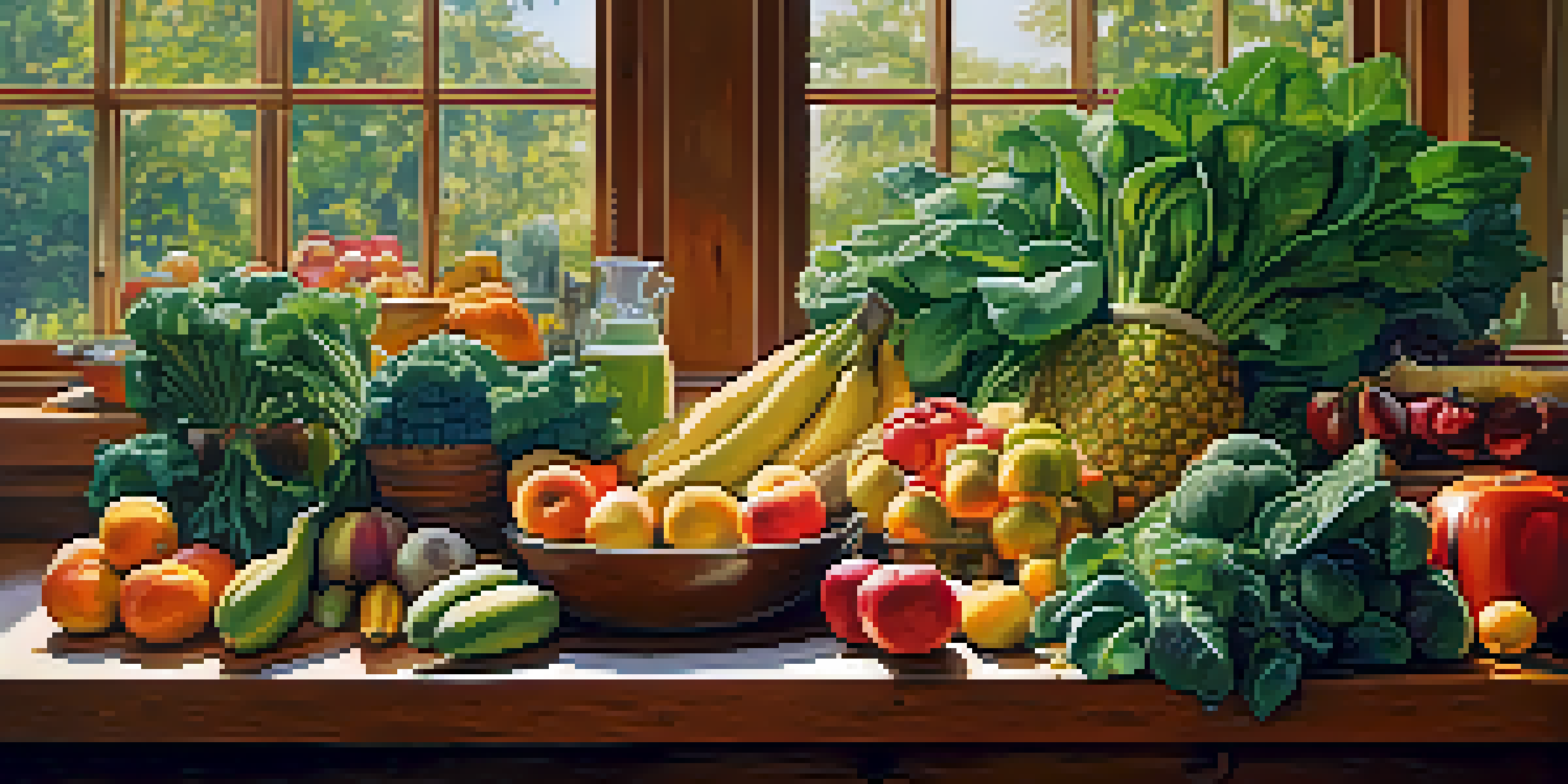 A bright kitchen with colorful raw fruits and vegetables on a wooden countertop, illuminated by morning light.