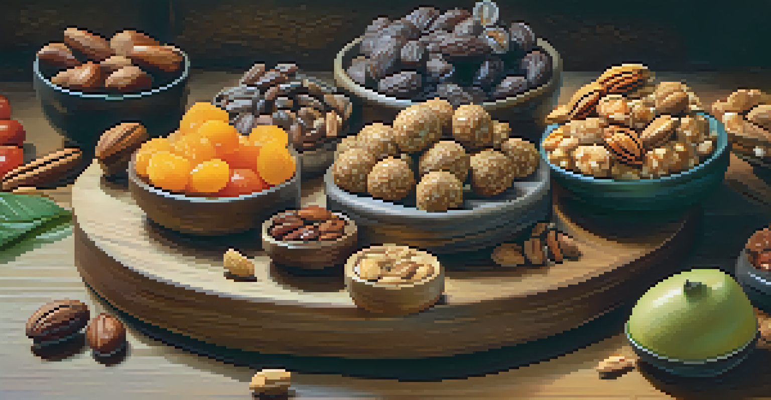A wooden platter filled with healthy raw snacks, including energy balls and dried fruits, showcasing nutritious options for on-the-go lifestyles.