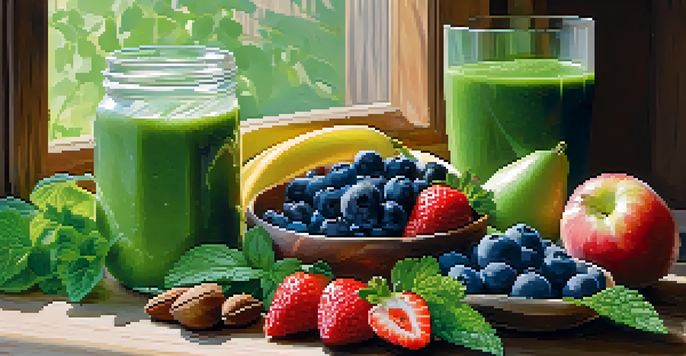 A spread of colorful raw foods including fruits, vegetables, and nuts on a wooden table, with a glass of green smoothie.
