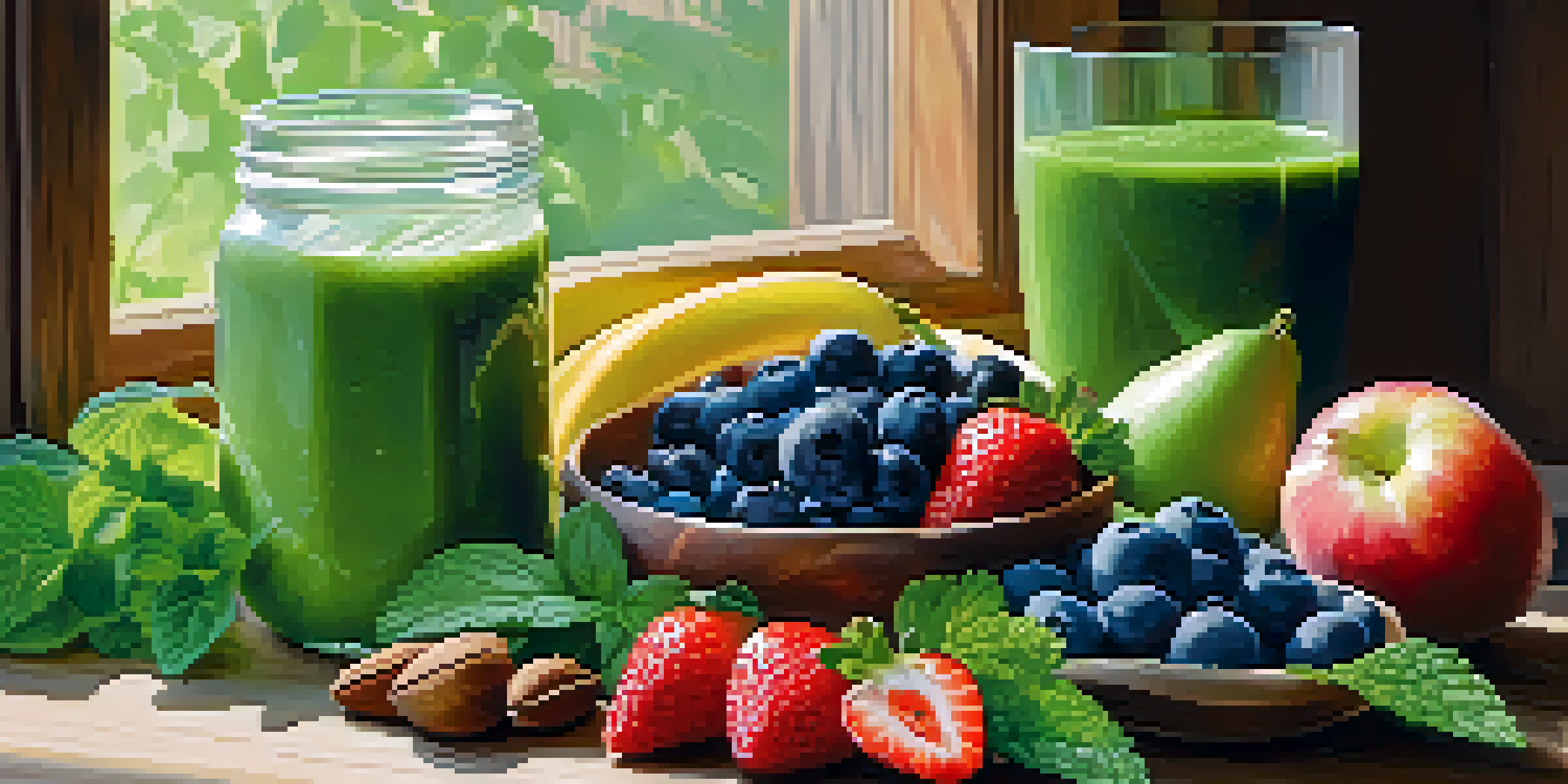 A spread of colorful raw foods including fruits, vegetables, and nuts on a wooden table, with a glass of green smoothie.