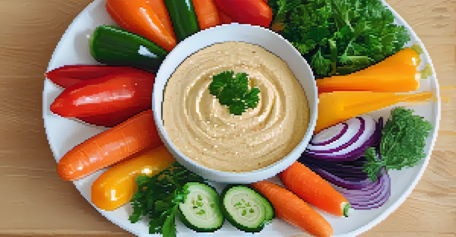 An artistic display of raw vegetable sticks arranged on a white plate with a bowl of hummus, garnished with sesame seeds and parsley.