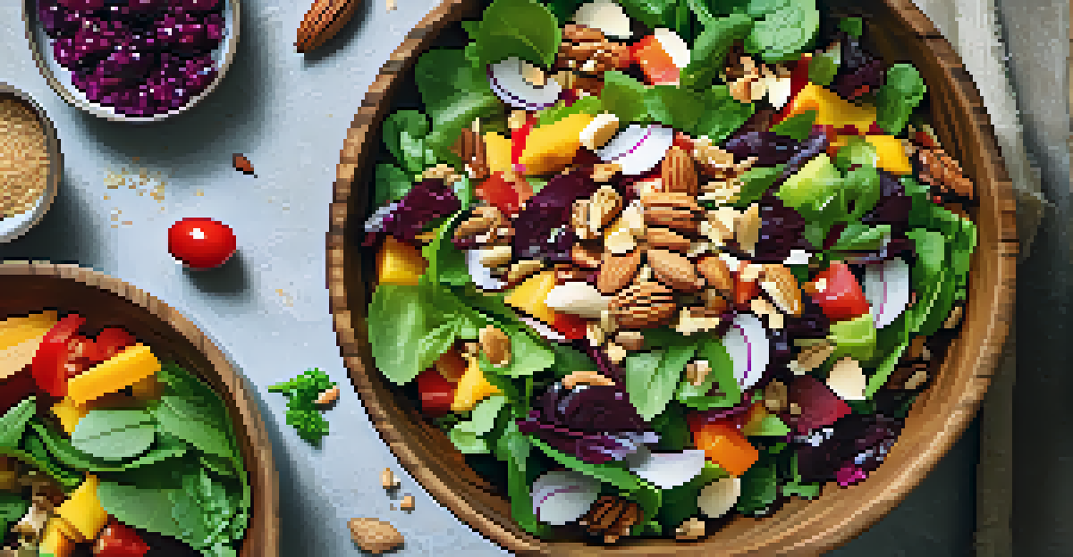 An overhead view of a colorful salad with nuts, served in a rustic wooden bowl, showcasing fresh greens and vegetables.