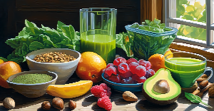 A colorful spread of raw vegan foods on a wooden table, including fruits, vegetables, and nuts, illuminated by natural light.