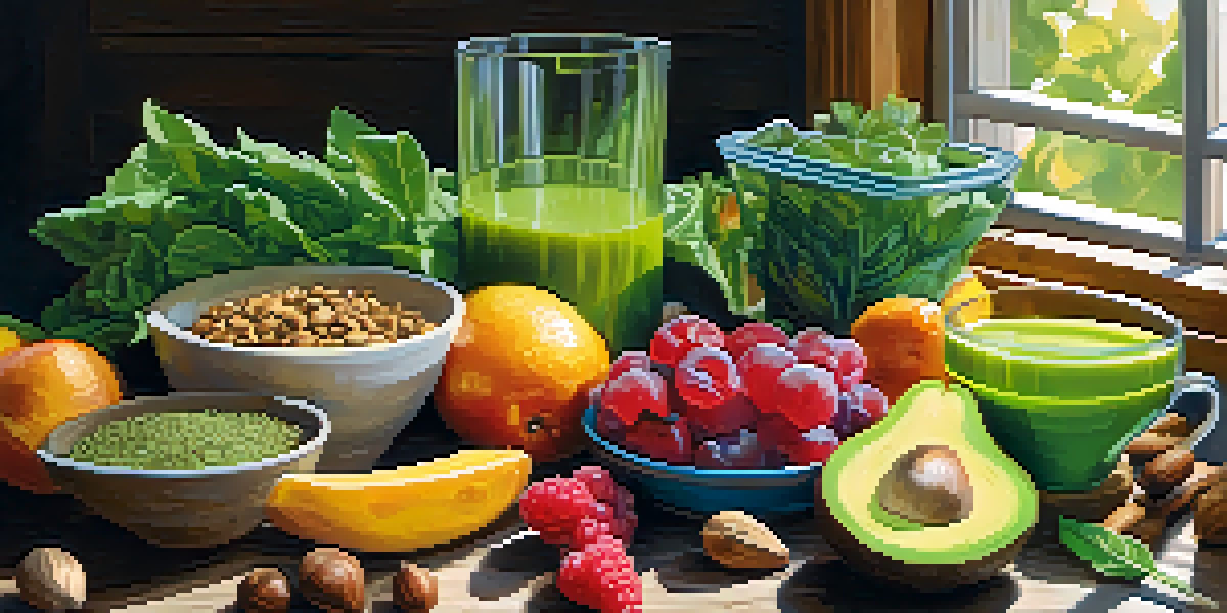 A colorful spread of raw vegan foods on a wooden table, including fruits, vegetables, and nuts, illuminated by natural light.