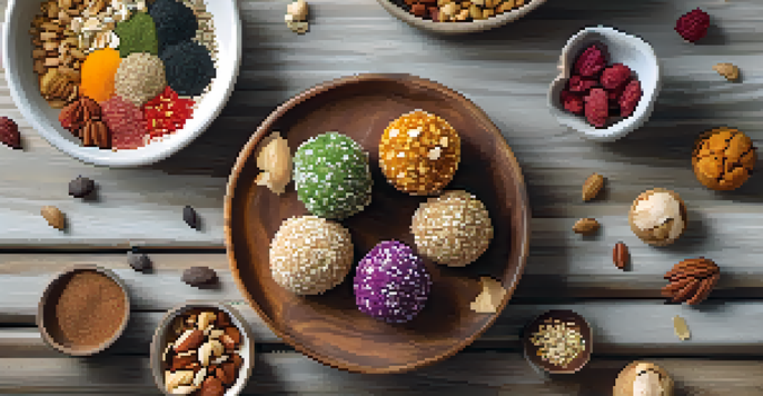 A plate filled with colorful homemade raw energy bites made from nuts, seeds, and dried fruits, displayed on a rustic wooden table with natural light.