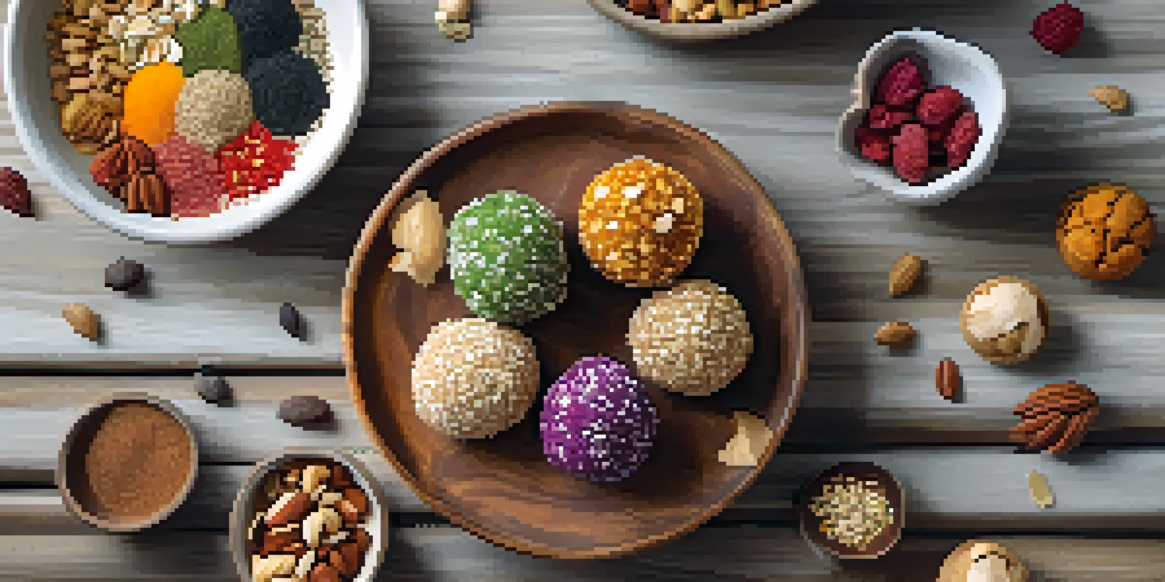 A plate filled with colorful homemade raw energy bites made from nuts, seeds, and dried fruits, displayed on a rustic wooden table with natural light.