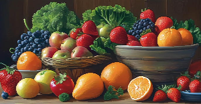 A variety of raw fruits and vegetables arranged on a wooden table, showcasing their vibrant colors and textures under soft natural light.