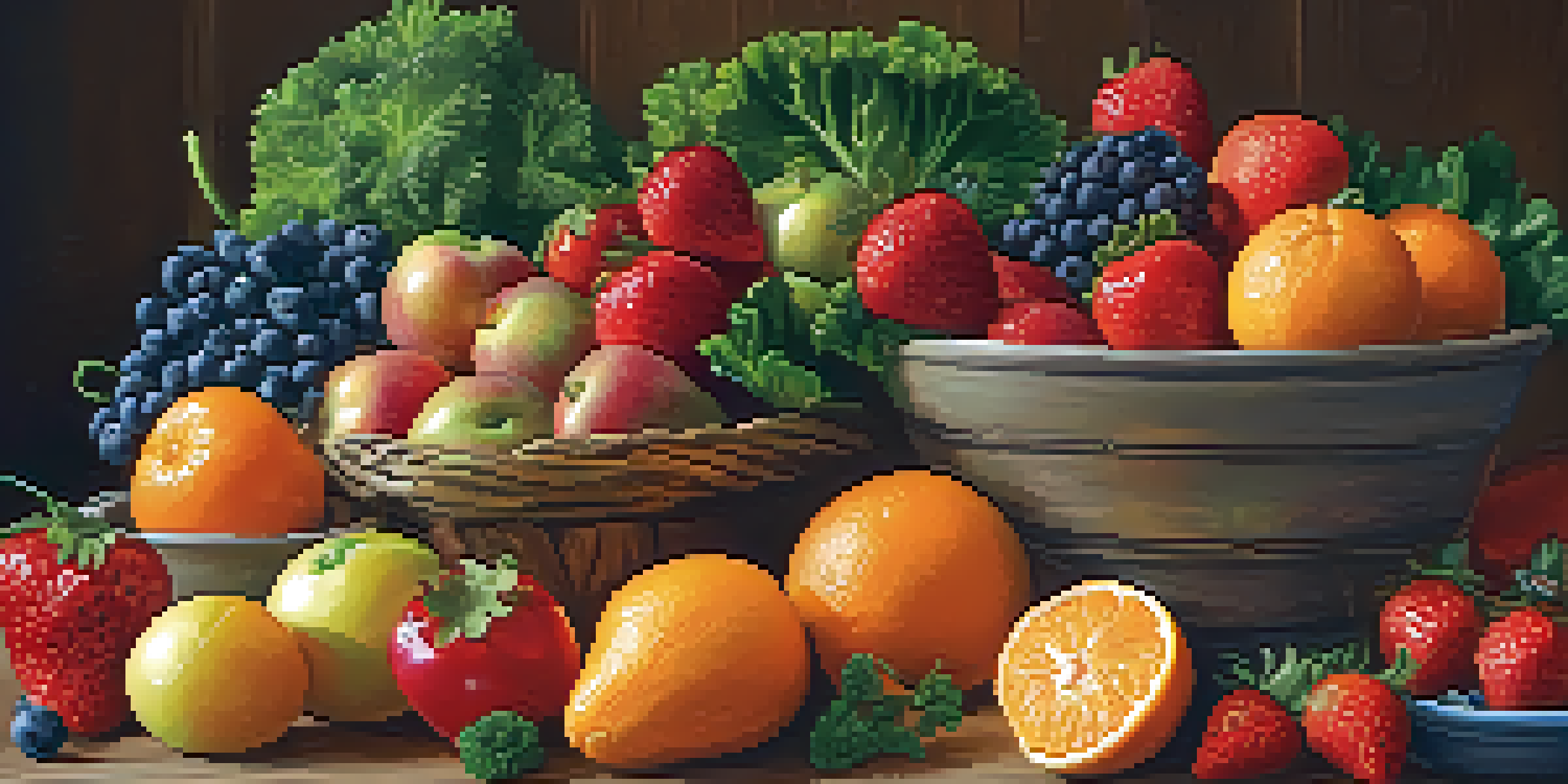 A variety of raw fruits and vegetables arranged on a wooden table, showcasing their vibrant colors and textures under soft natural light.