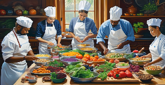 A lively competition with chefs creating colorful raw food dishes, showcasing fresh ingredients on a wooden countertop.