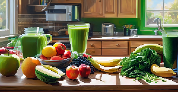 A colorful kitchen with fresh fruits and vegetables on a wooden countertop, a blender filled with green smoothie, and sunlight streaming through the window.