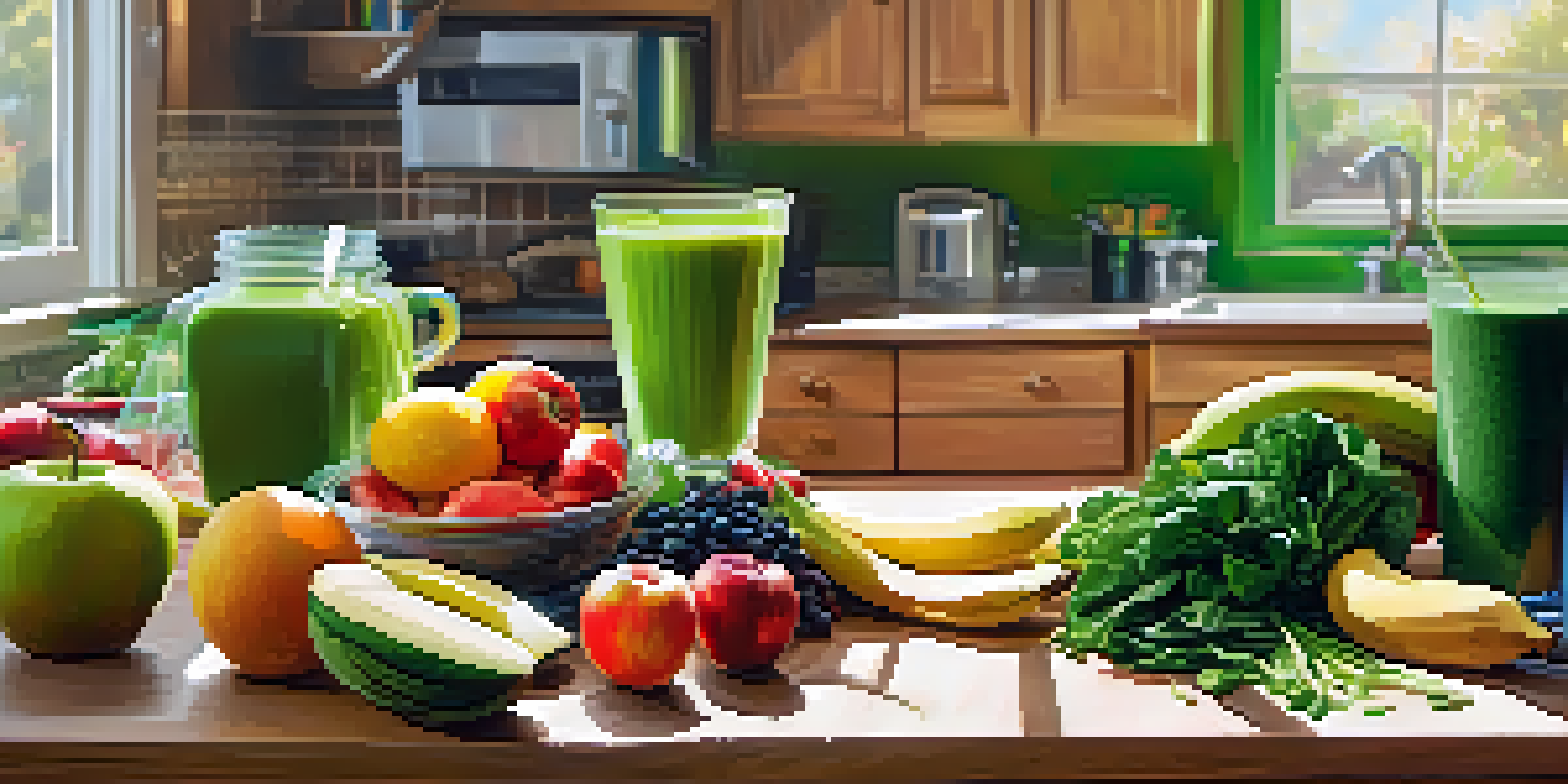 A colorful kitchen with fresh fruits and vegetables on a wooden countertop, a blender filled with green smoothie, and sunlight streaming through the window.