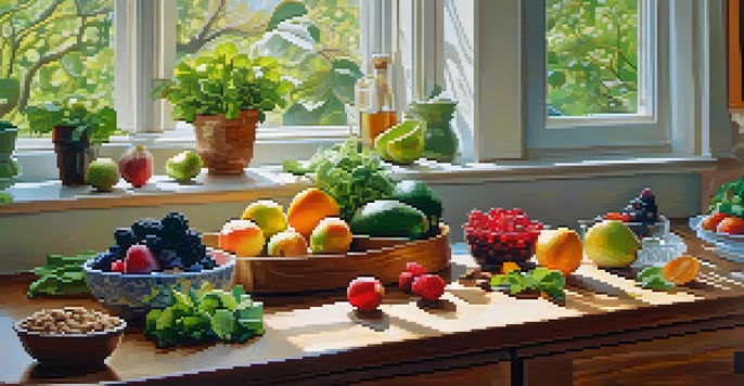 A bright kitchen counter showcasing a variety of raw fruits and vegetables, including avocados, leafy greens, and berries, illuminated by natural sunlight.