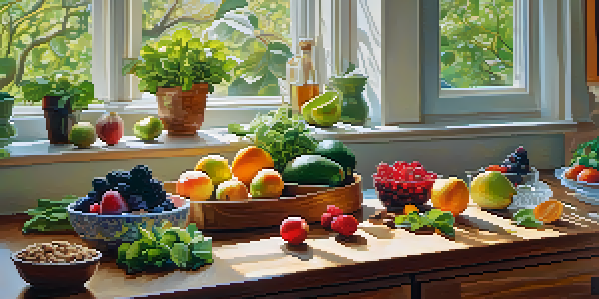 A bright kitchen counter showcasing a variety of raw fruits and vegetables, including avocados, leafy greens, and berries, illuminated by natural sunlight.