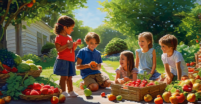 Children joyfully exploring a garden during a raw food scavenger hunt, surrounded by colorful fruits and vegetables under bright sunlight.