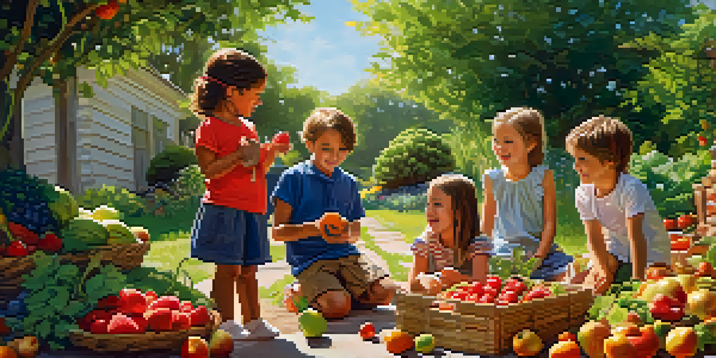 Children joyfully exploring a garden during a raw food scavenger hunt, surrounded by colorful fruits and vegetables under bright sunlight.