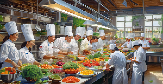 A lively culinary competition featuring chefs preparing colorful raw dishes with fresh ingredients in a well-lit kitchen.