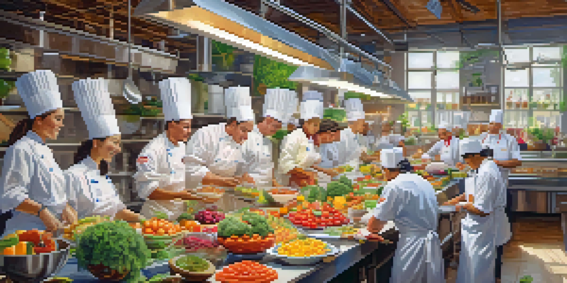 A lively culinary competition featuring chefs preparing colorful raw dishes with fresh ingredients in a well-lit kitchen.