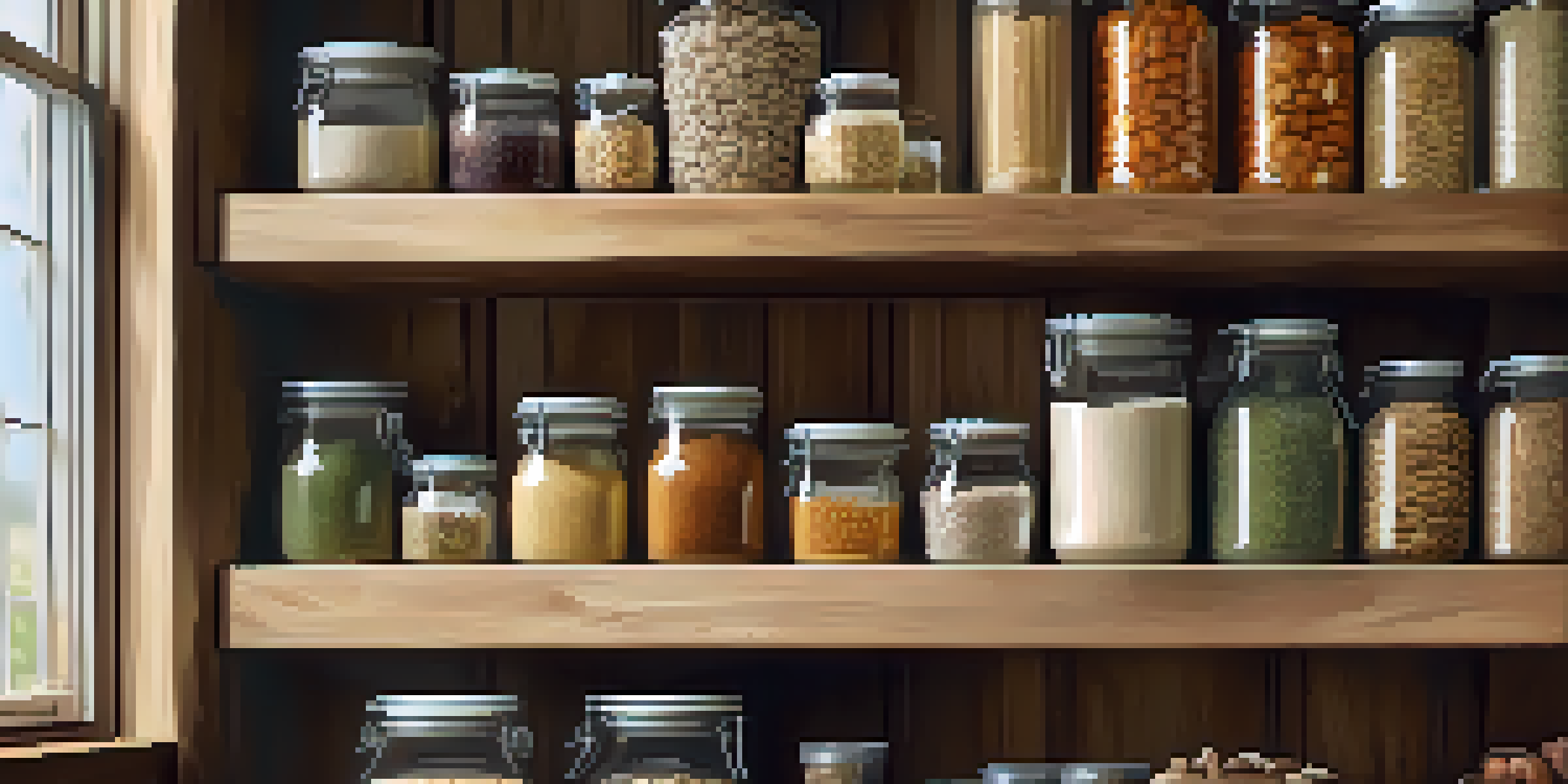 An organized pantry with clear containers of raw foods, labeled shelves, and a rustic kitchen background.