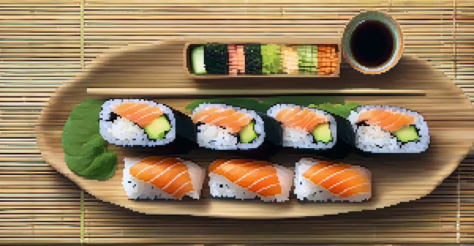 An overhead view of a colorful raw vegan sushi platter with various vegetable fillings and soy sauce.