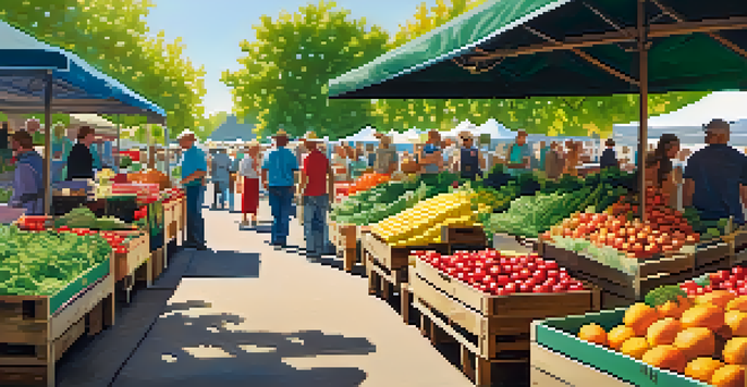 A lively farmer's market filled with fresh fruits and vegetables, sunlight filtering through the leaves, and people interacting in the background.