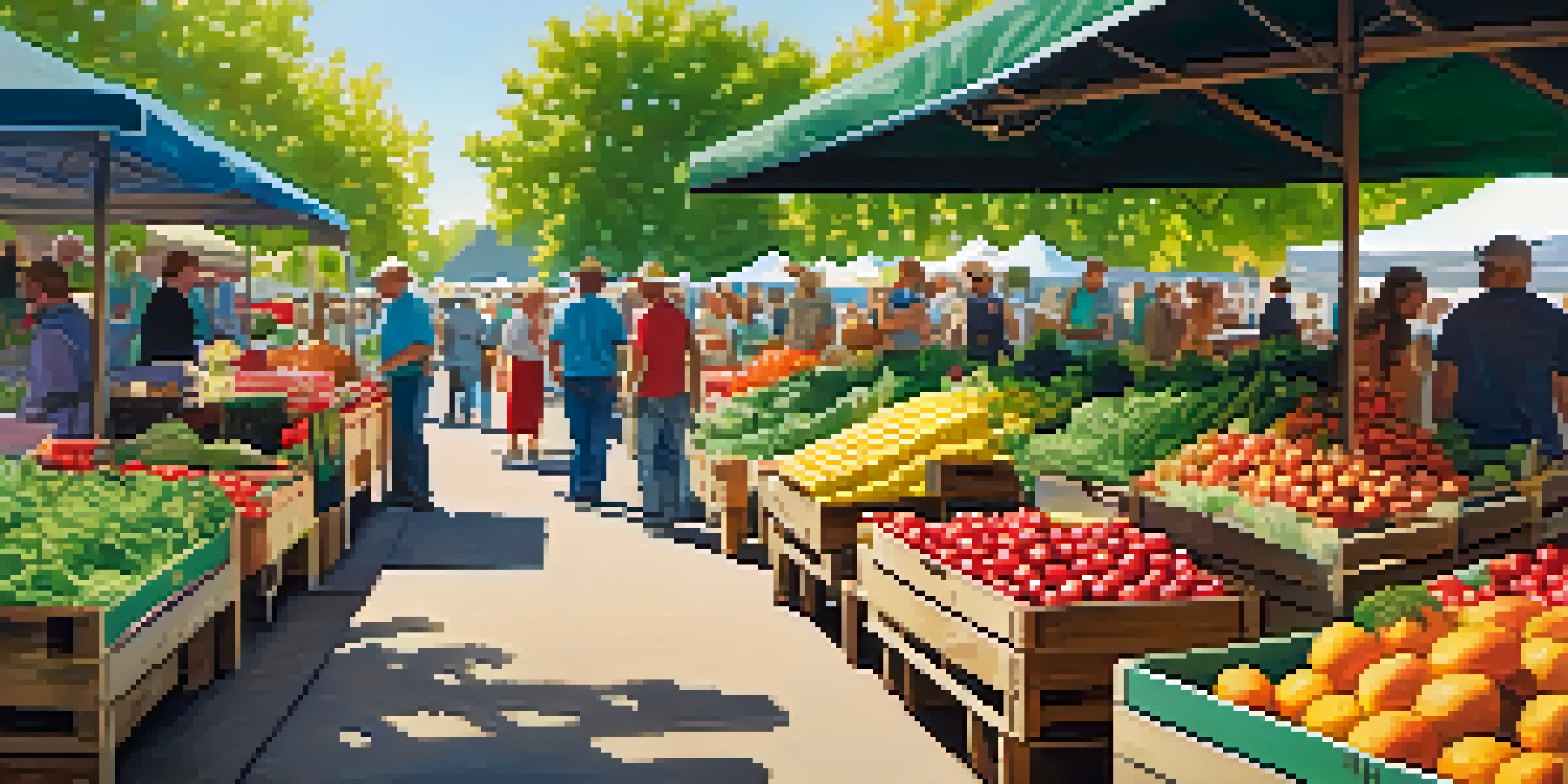 A lively farmer's market filled with fresh fruits and vegetables, sunlight filtering through the leaves, and people interacting in the background.