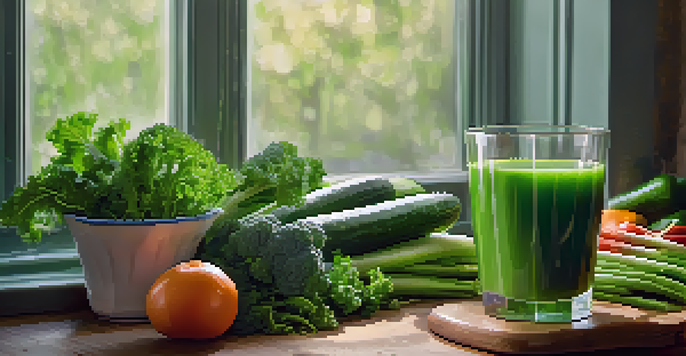 A glass of green vegetable juice next to fresh vegetables like kale, cucumbers, and celery on a wooden kitchen countertop, illuminated by soft morning light.