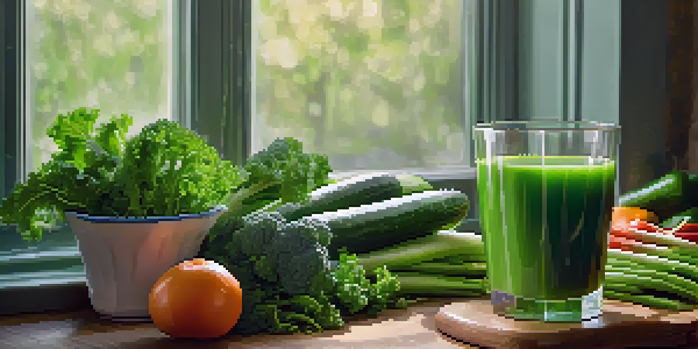 A glass of green vegetable juice next to fresh vegetables like kale, cucumbers, and celery on a wooden kitchen countertop, illuminated by soft morning light.