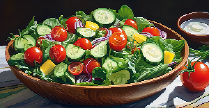 A large wooden bowl filled with a vibrant raw salad made of leafy greens, cucumbers, and cherry tomatoes, illuminated by natural sunlight.