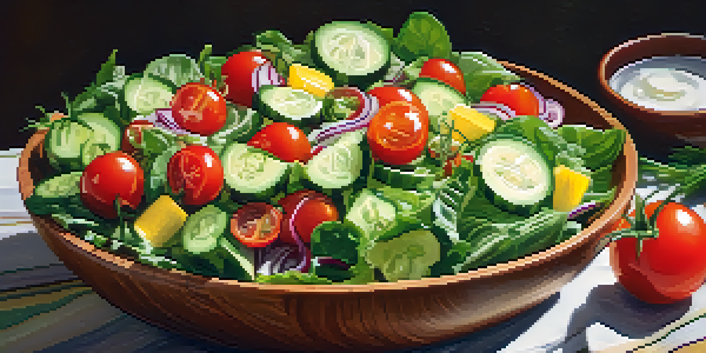 A large wooden bowl filled with a vibrant raw salad made of leafy greens, cucumbers, and cherry tomatoes, illuminated by natural sunlight.