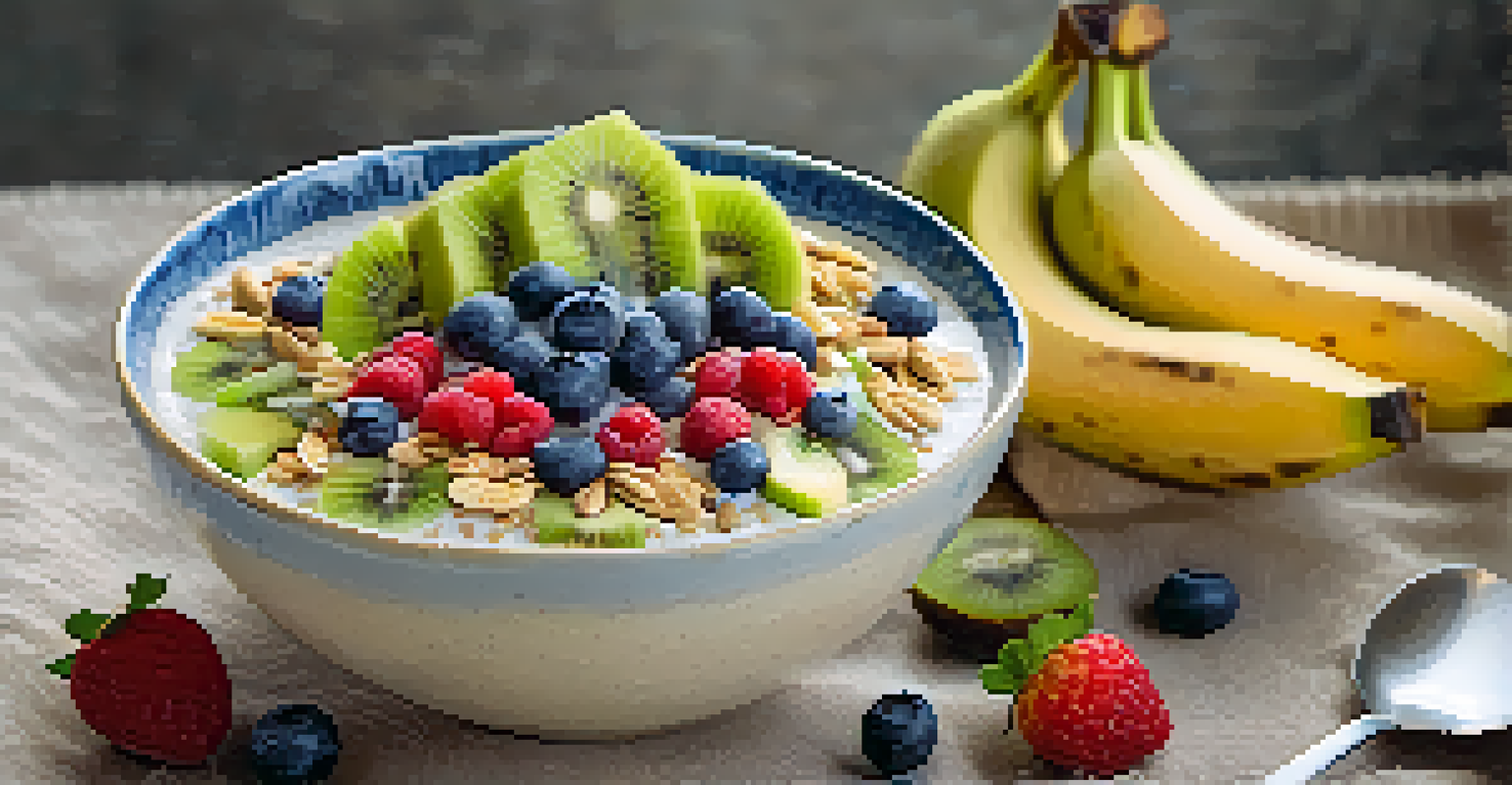 A close-up of a smoothie bowl topped with fresh fruits and granola, placed on a textured linen cloth.