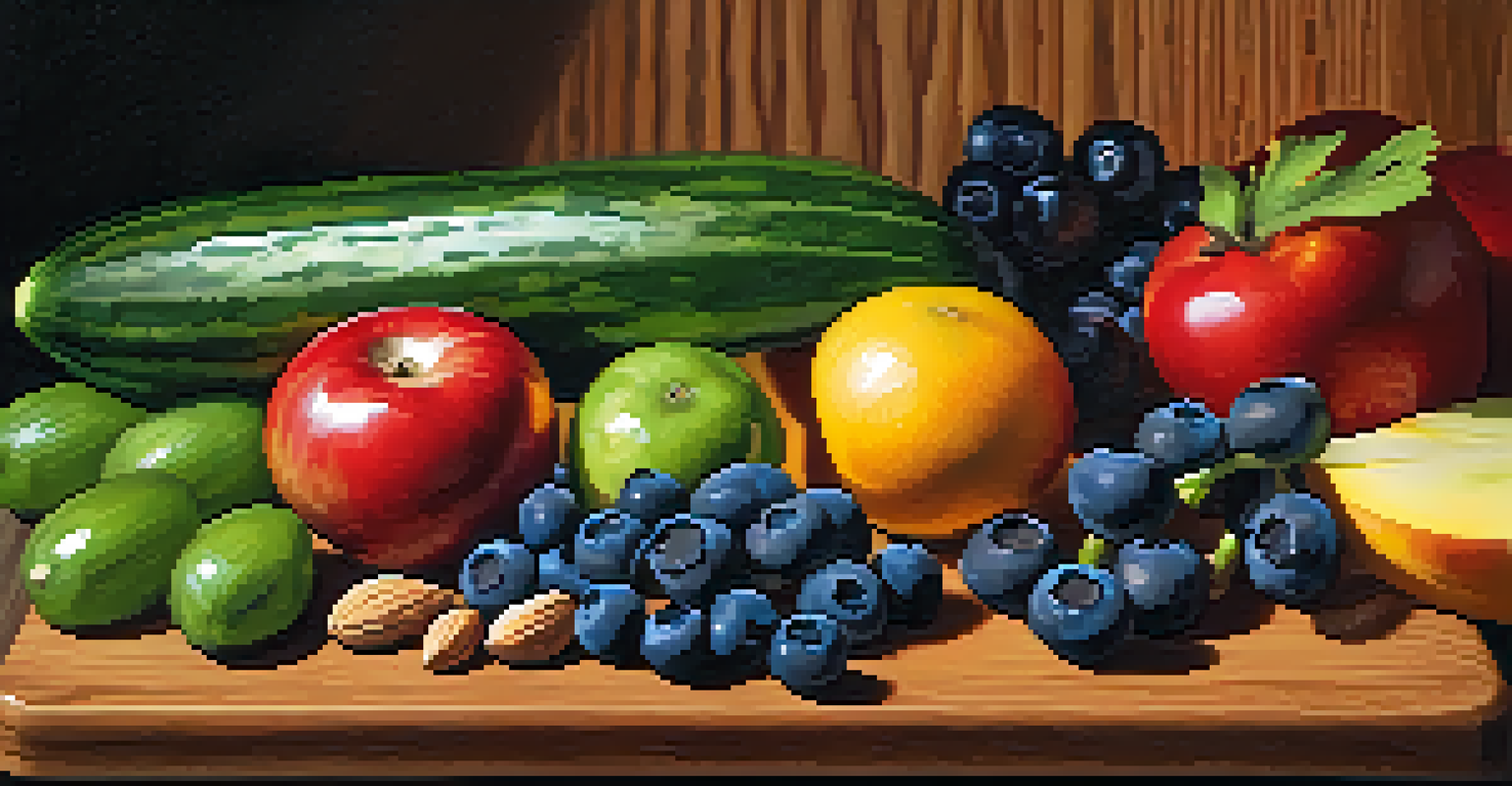 A close-up of a cutting board with colorful raw fruits and vegetables, including blueberries and cucumbers, alongside a bowl of mixed nuts.