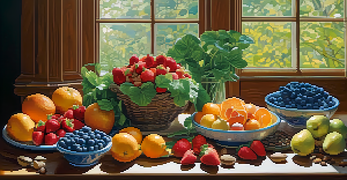 A beautifully arranged wooden table showcasing a variety of fresh raw fruits, greens, nuts, and seeds, illuminated by natural sunlight.
