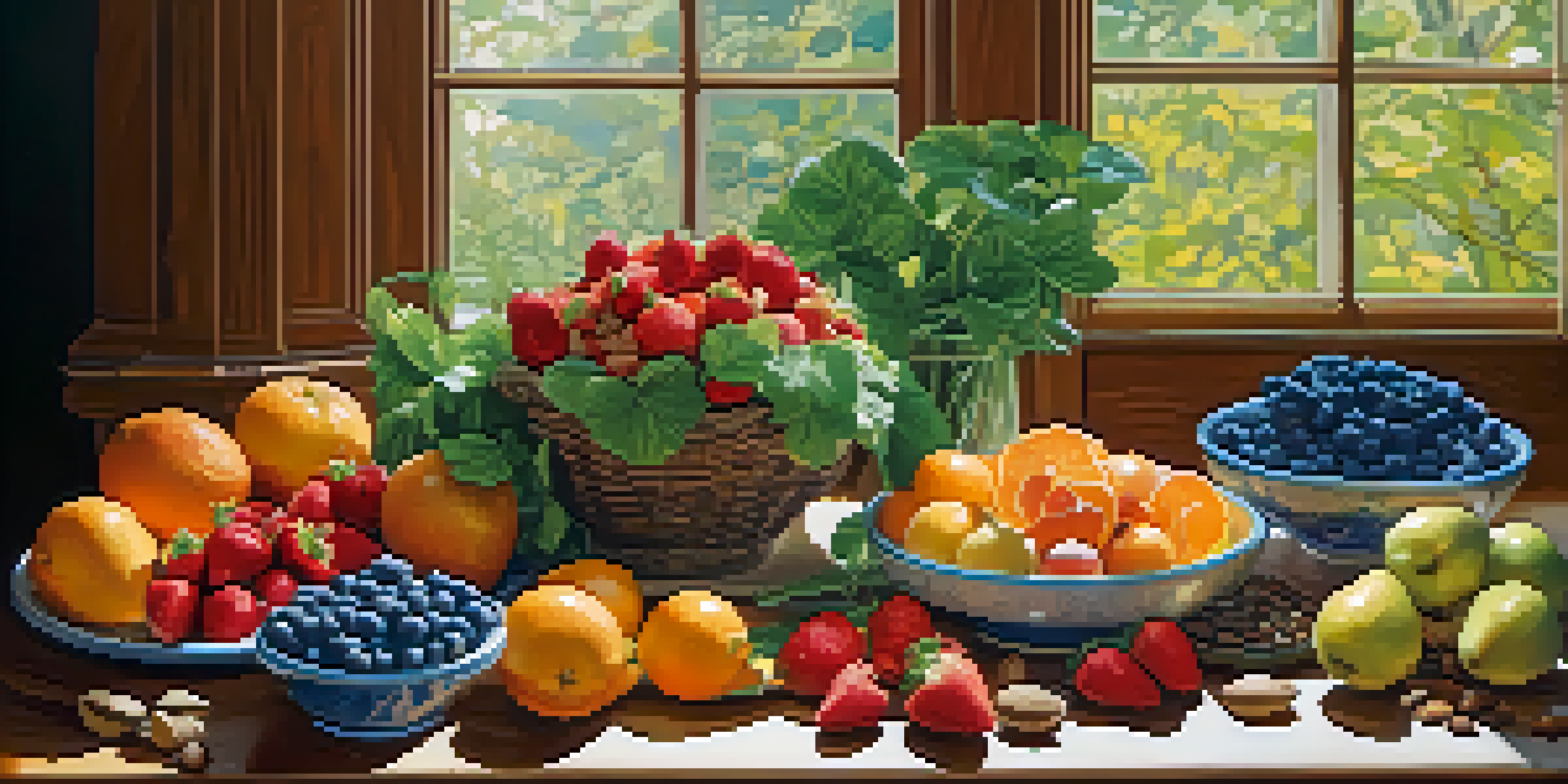 A beautifully arranged wooden table showcasing a variety of fresh raw fruits, greens, nuts, and seeds, illuminated by natural sunlight.