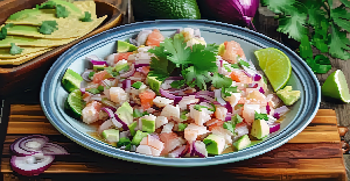 A colorful plate of ceviche with snapper, onions, cilantro, and avocado on a wooden table, accompanied by tortilla chips.