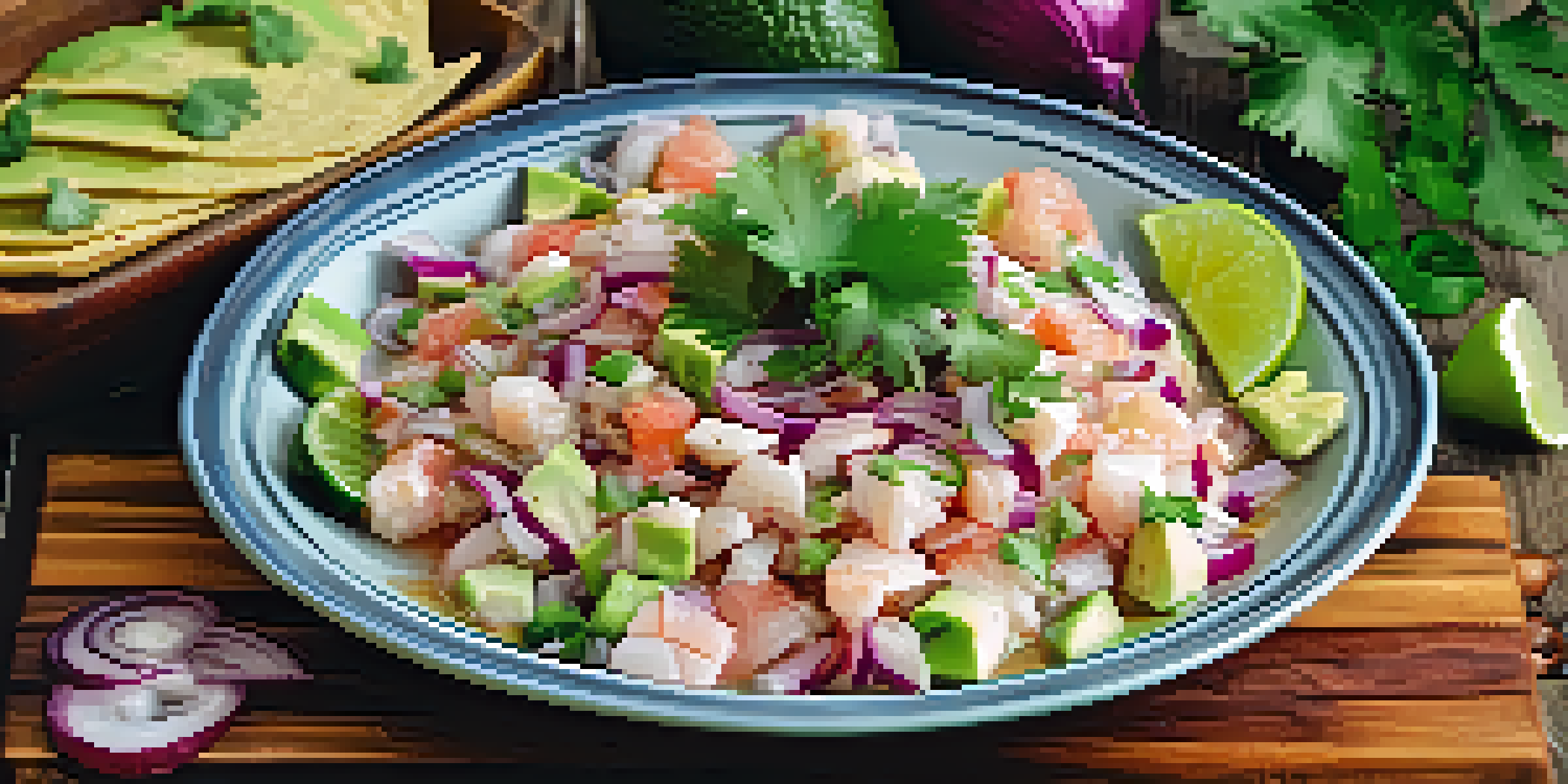 A colorful plate of ceviche with snapper, onions, cilantro, and avocado on a wooden table, accompanied by tortilla chips.
