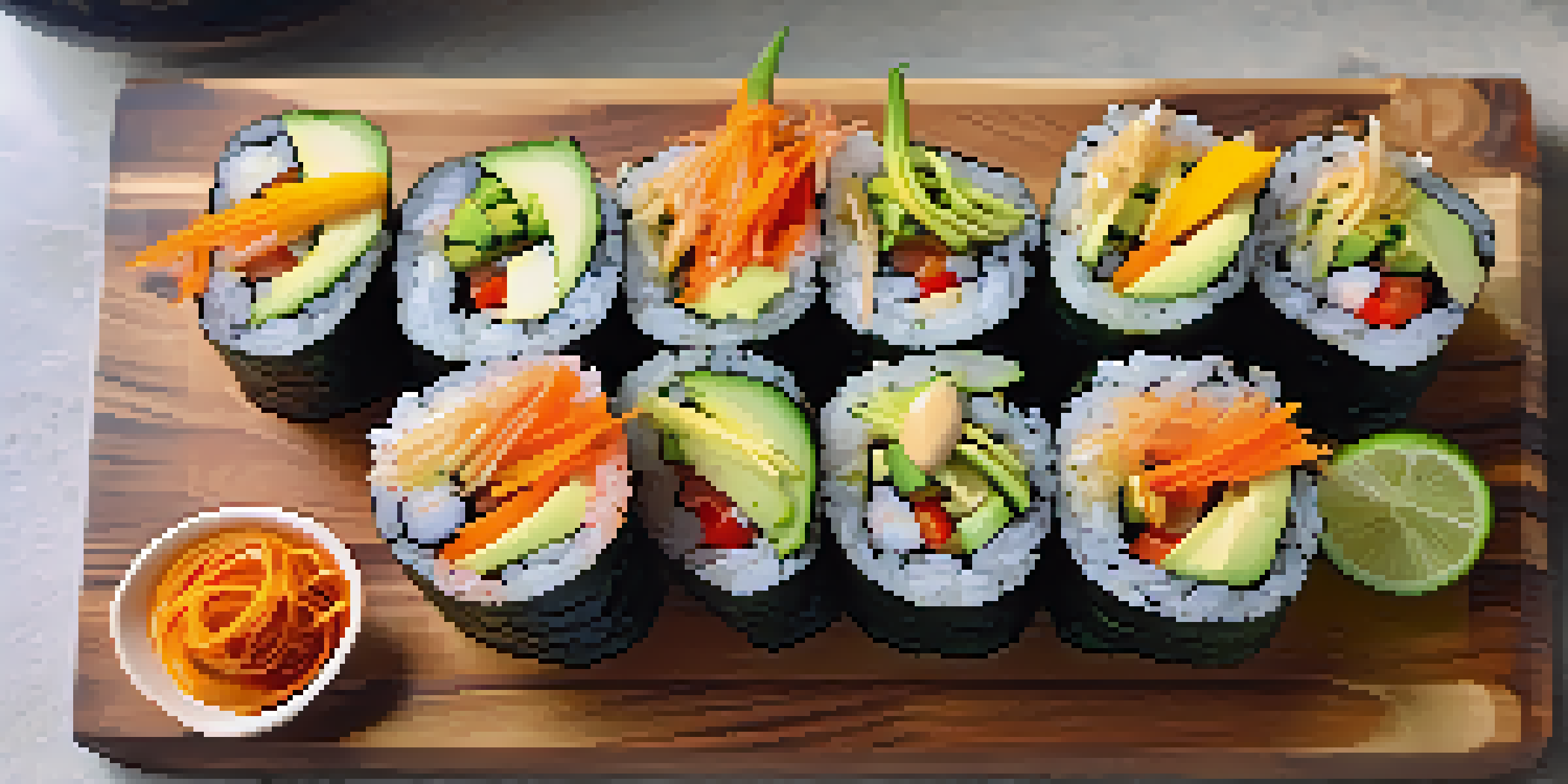 A colorful platter of raw vegan sushi rolls made with nori and filled with fresh vegetables, accompanied by bowls of dipping sauces.