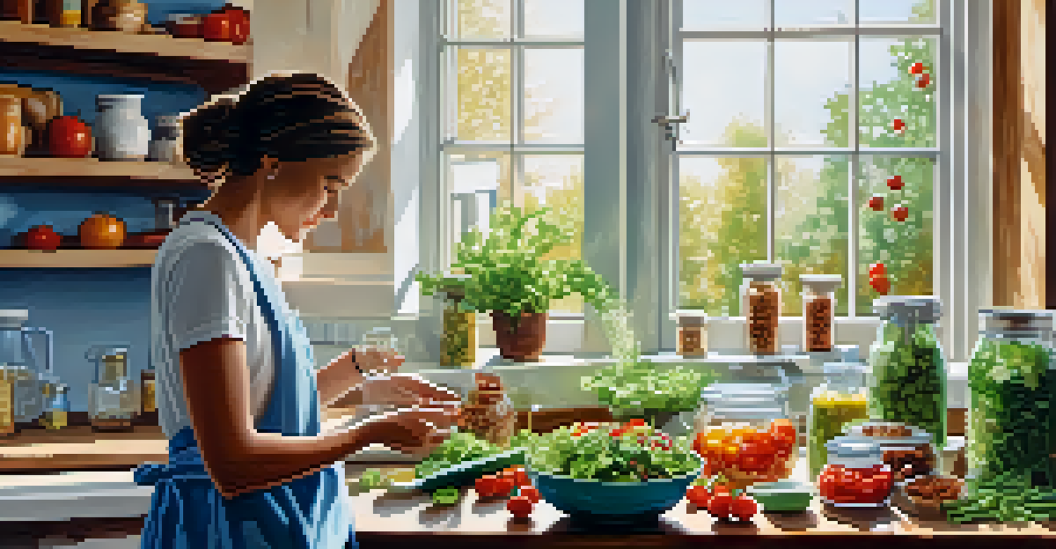A person adding seeds to a fresh salad in a bright kitchen, with jars of seeds in the background and natural light illuminating the scene.