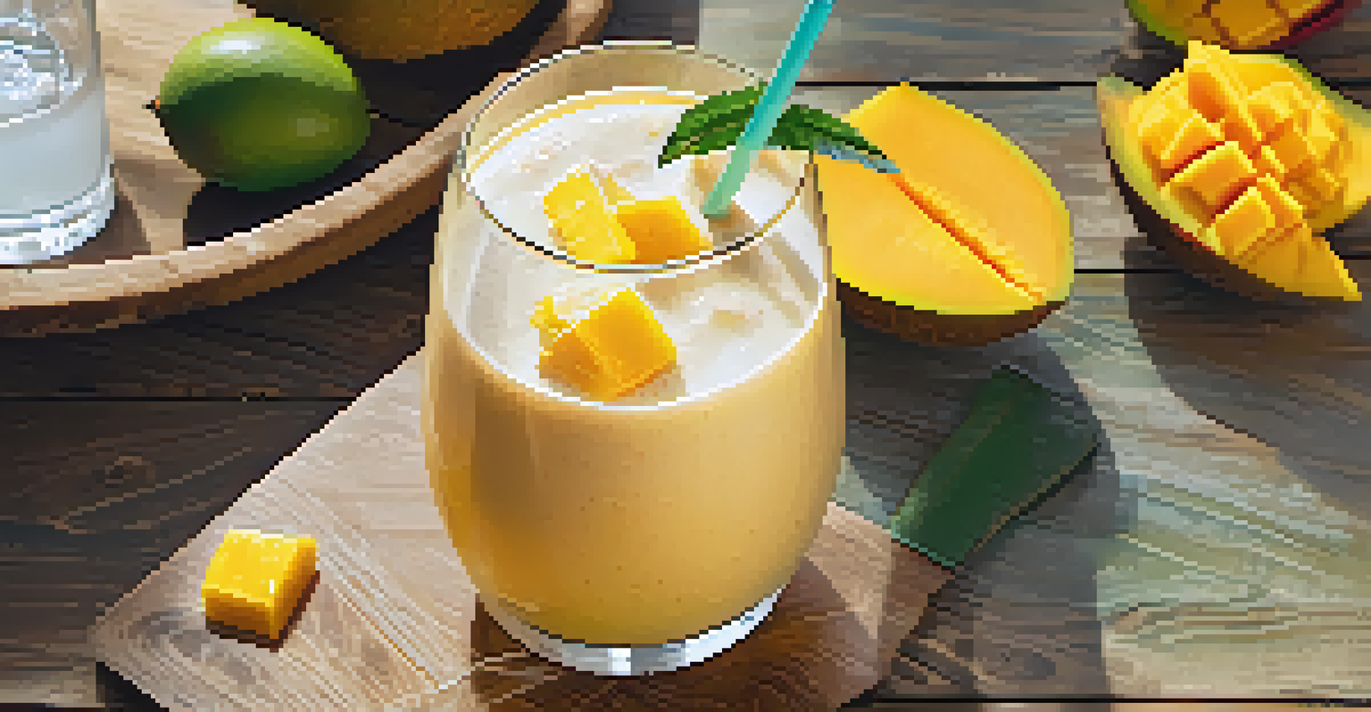 Overhead view of a Mango Coconut Bliss Smoothie with fresh mango and coconut, on a wooden table.