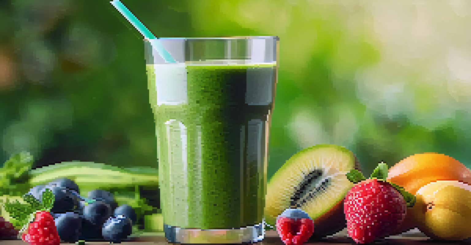 A close-up of a green smoothie in a glass, garnished with fruit and seeds, set against a softly blurred background.