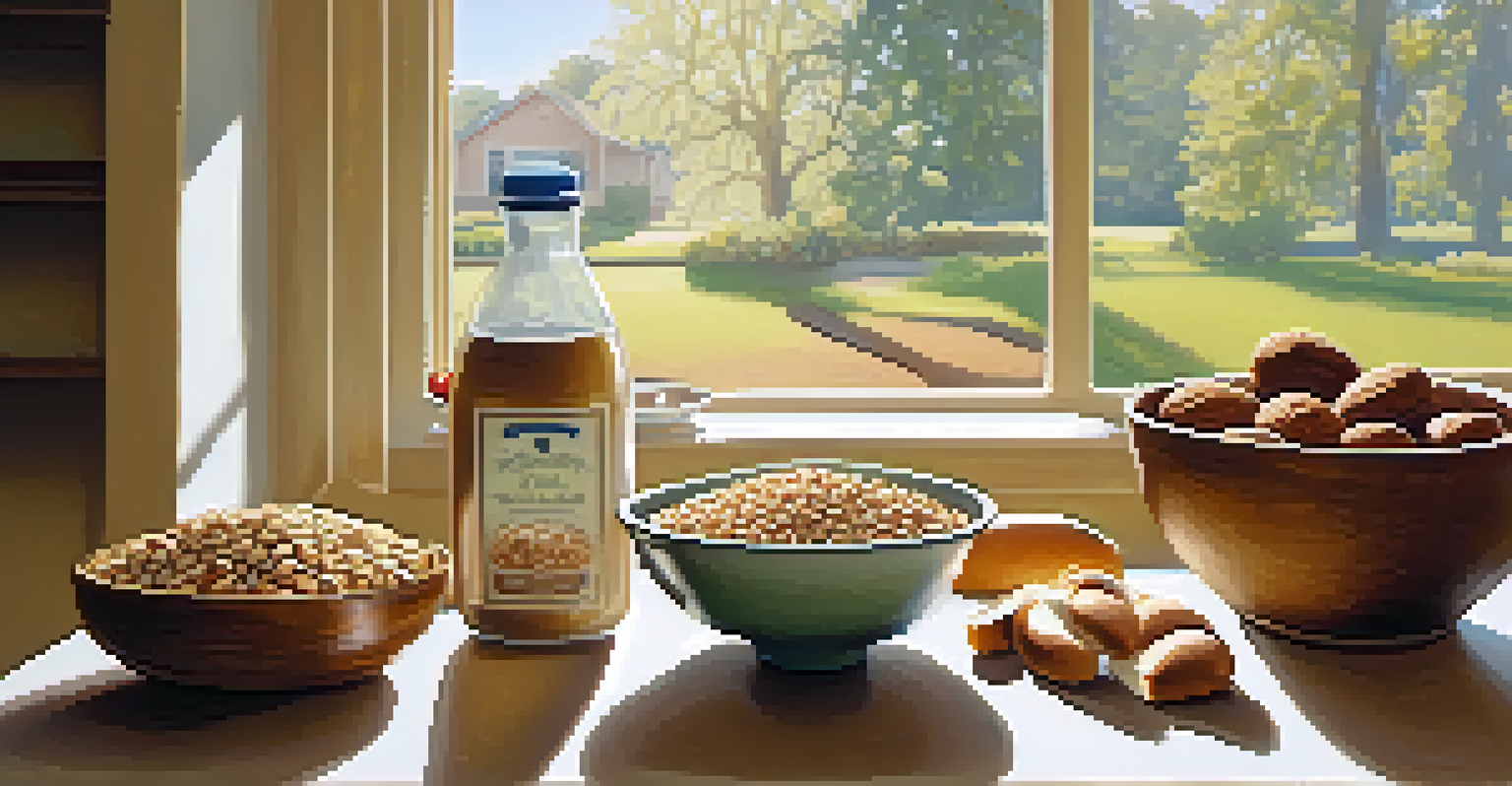 A kitchen counter displaying whole grain foods and mixed nuts in a bright and airy setting.