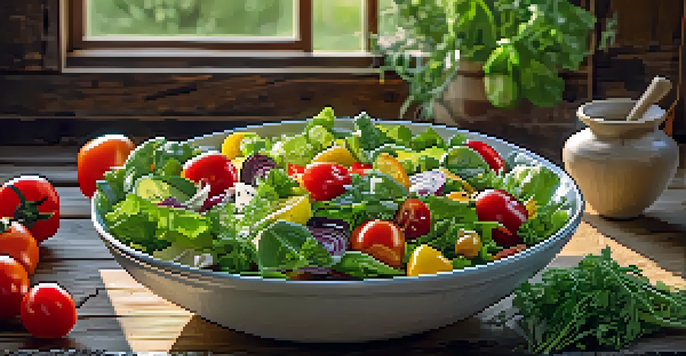 A colorful salad bowl featuring raw vegetables like leafy greens, cherry tomatoes, and bell peppers, with a light olive oil dressing on a rustic wooden table.