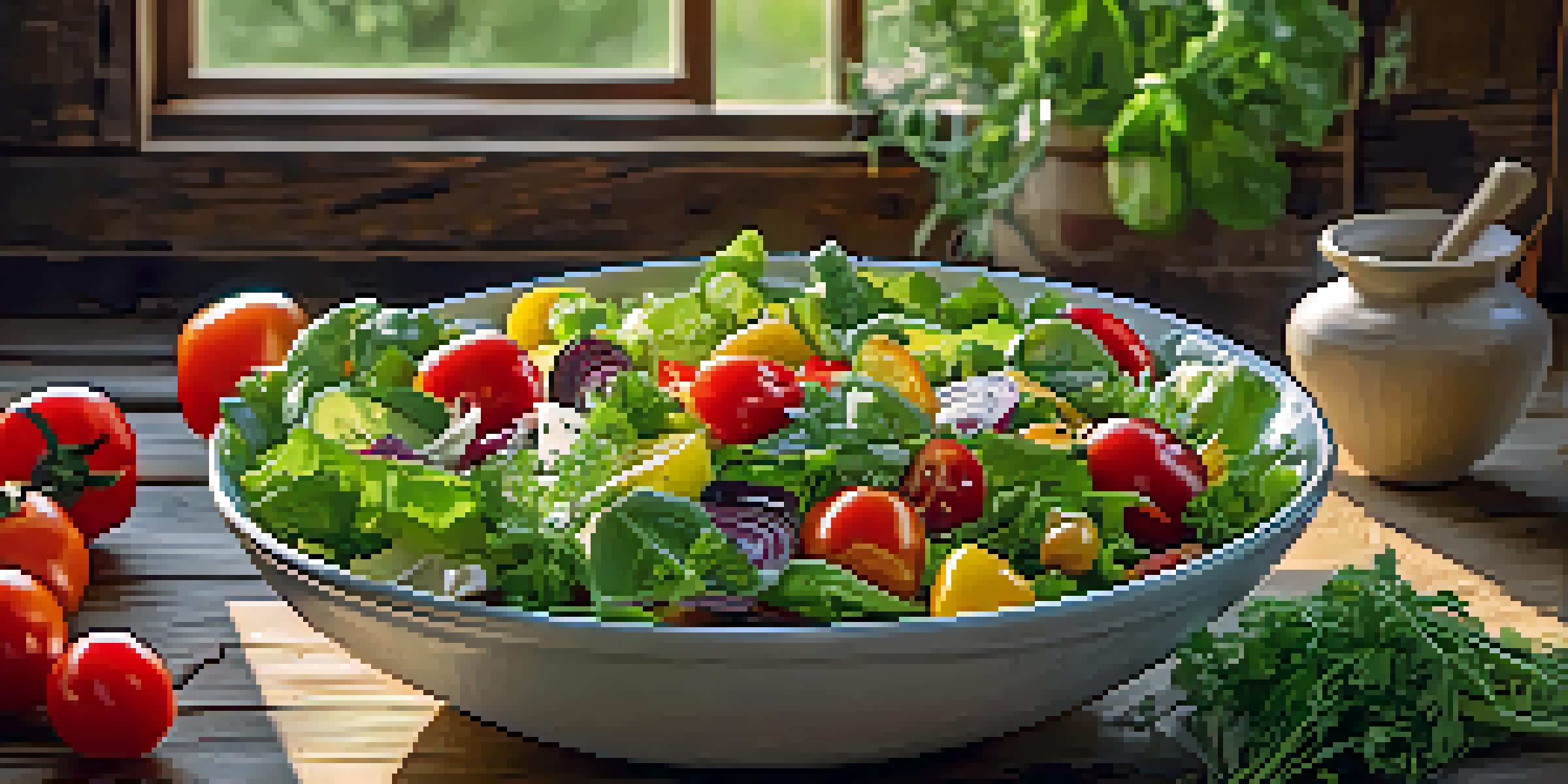 A colorful salad bowl featuring raw vegetables like leafy greens, cherry tomatoes, and bell peppers, with a light olive oil dressing on a rustic wooden table.
