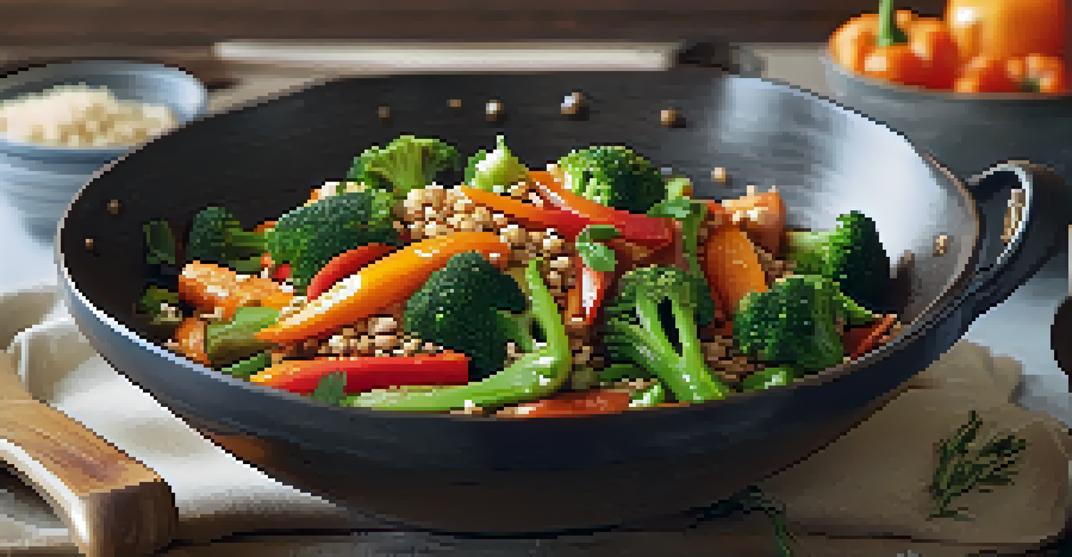 A bowl of warm vegetable stir-fry with carrots, broccoli, and bell peppers garnished with sesame seeds and herbs in a cozy kitchen.