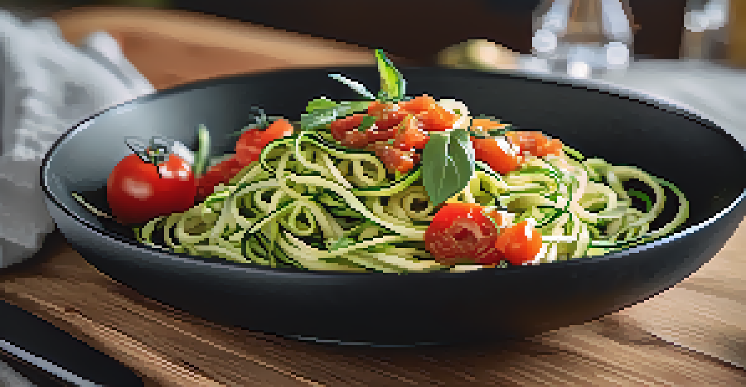 Zucchini noodles with raw tomato sauce in a black bowl on a rustic table, garnished with fresh herbs.
